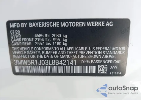 2020 BMW 330I z USA, uszkodzony, nr VIN 3MW5R1J03L8B42141